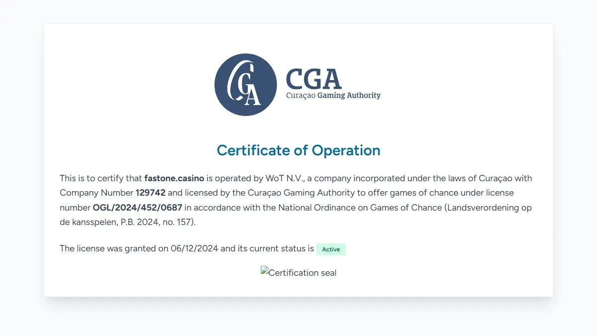 Certyfikat Curaçao Gaming Authority dla domeny fastone.casino
