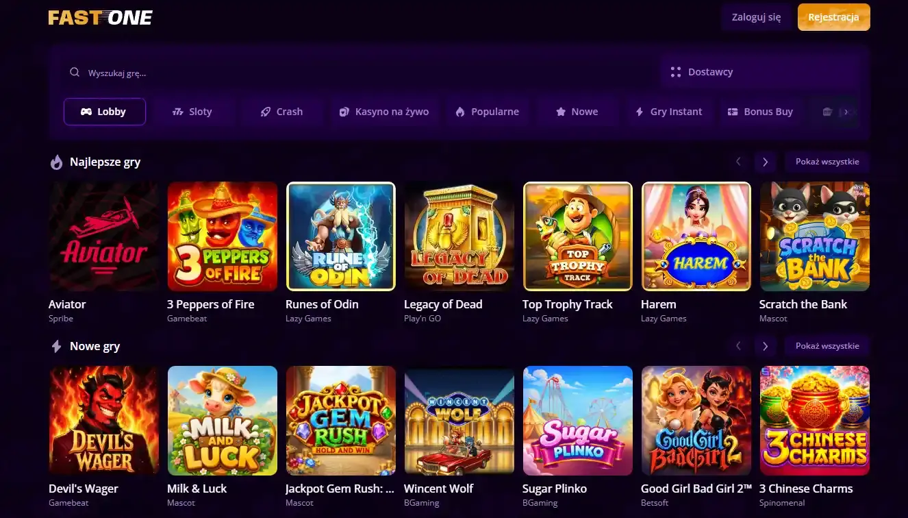 Aktualne lobby gier FastOne Casino w polskiej wersji serwisu