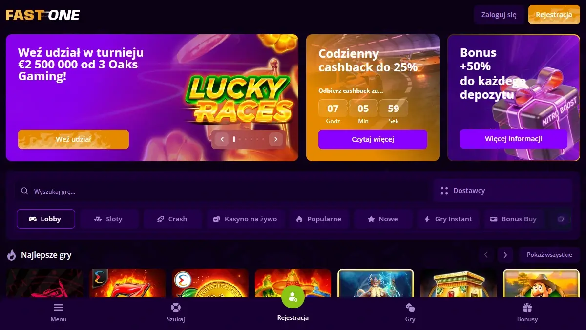 Polski interfejs FastOne Casino z widoczną nawigacją serwisu